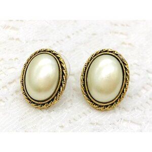 Vintage Gold-Toned Oval Faux Pearl Stud Earrings